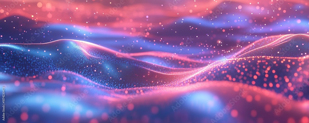 Abstract background with pink and blue light waves and particles. Abstract background with pink and blue light waves and particles.