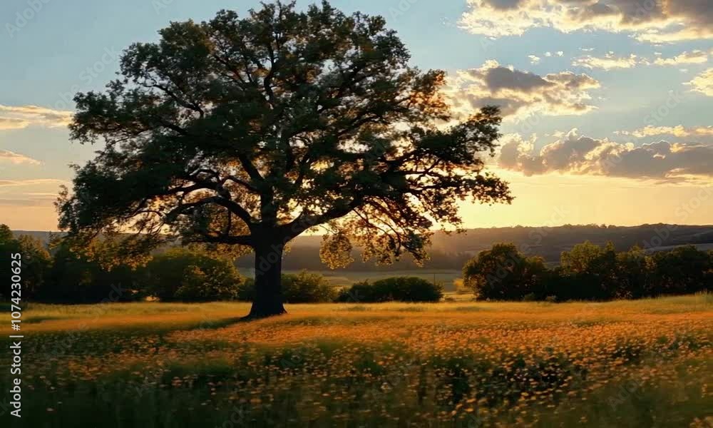 A majestic tree stands in a sunlit field, surrounded by nature and a vibrant sky. A majestic tree stands in a sunlit field, surrounded by nature and a vibrant sky.