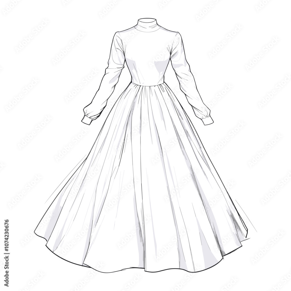 Flowing Long-Sleeve Dress in Outline Style with Minimalist Details Flowing Long-Sleeve Dress in Outline Style with Minimalist Details