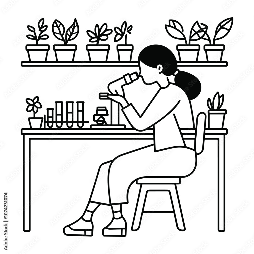 Woman Working on Laptop Surrounded by Indoor Plants in Line Art Woman Working on Laptop Surrounded by Indoor Plants in Line Art