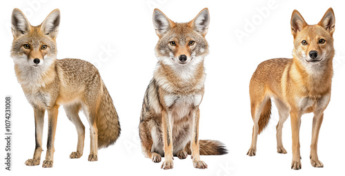 Three coyotes in various poses, showcasing their distinct fur patterns, ears, and postures.