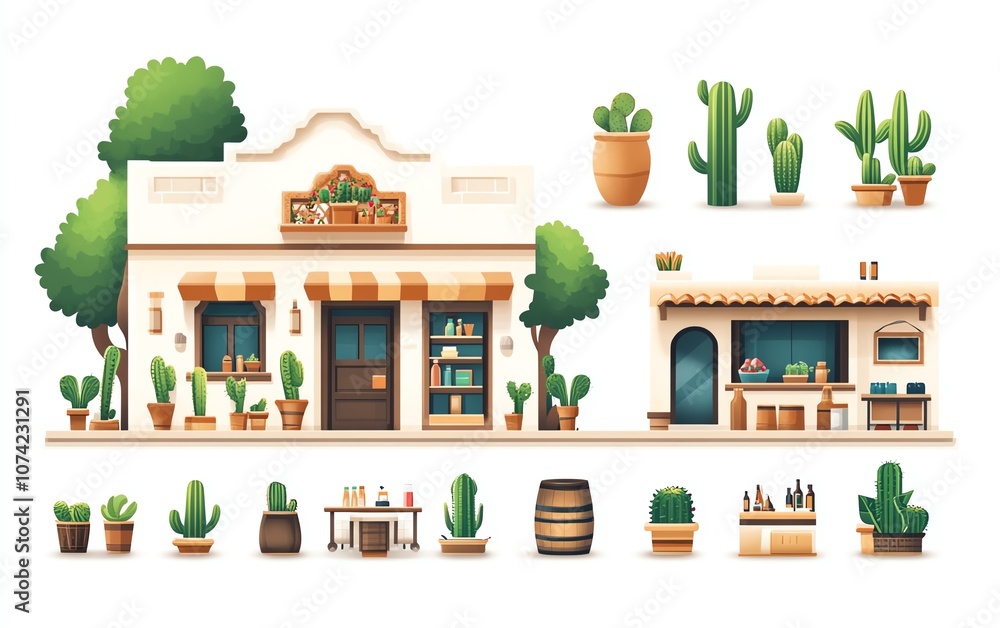 Colorful illustration of a charming building with desert plants and pots, ideal for design and decoration themes. on a white background Colorful illustration of a charming building with desert plants and pots, ideal for design and decoration themes. on a white background