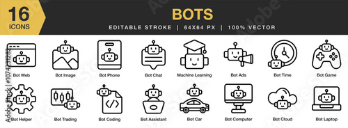 Bots icon set. Editable Stroke Icon Collection. Includes assistance, car, chat, cloud, coding, computer, game, helper, and More. Outline icons vector collection.