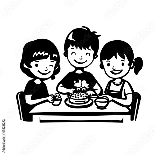 Three kids eating cake Vector Logo