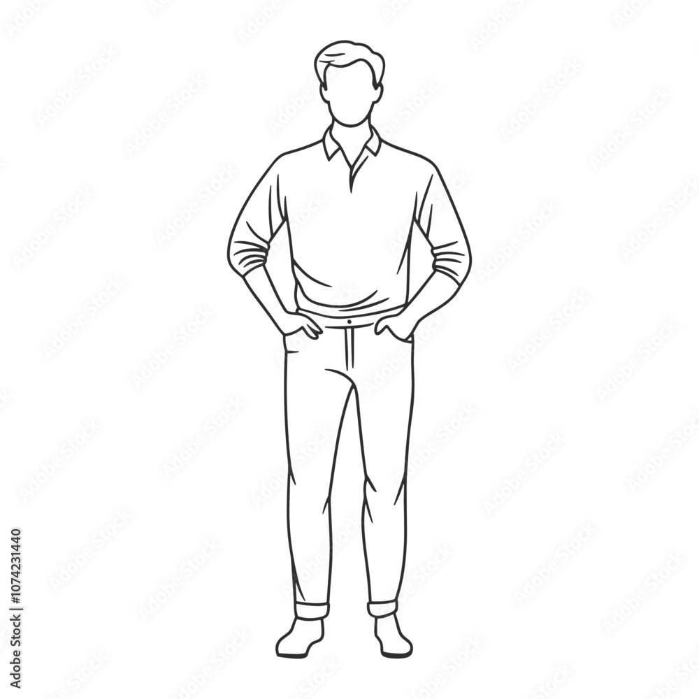 Fototapeta premium Man Standing with Hands on Hips in Confident Pose Line Art