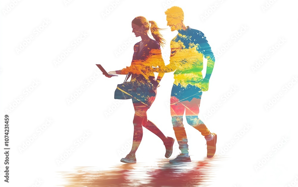 Obraz premium A vibrant, artistic representation of two individuals connecting through technology, blending nature and imagination. on a white background