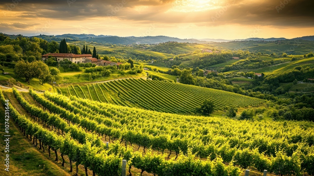 Sunset Over Lush Green Vineyards with Rolling Hills and a Farmhouse Sunset Over Lush Green Vineyards with Rolling Hills and a Farmhouse