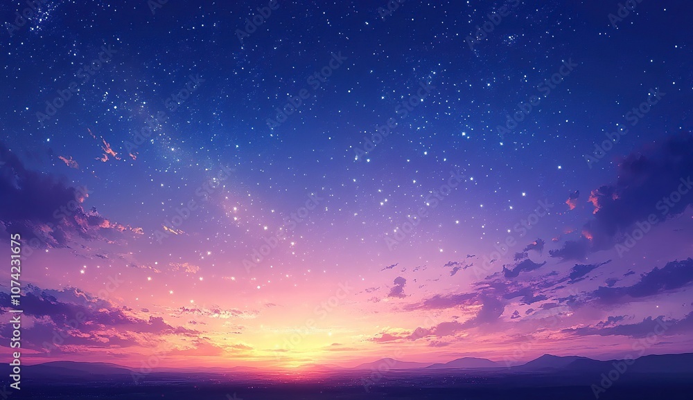 Fototapeta premium A vibrant sunset with a starry sky.