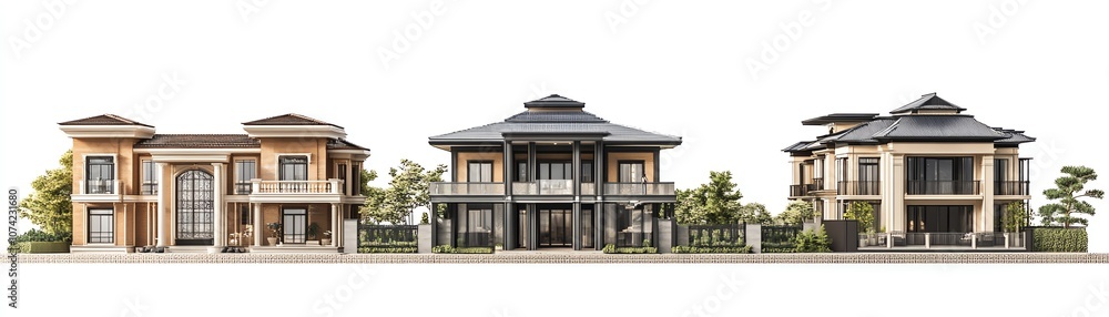 A stylish row of modern houses showcasing diverse architectural designs, perfect for home inspiration and design enthusiasts. on a white background A stylish row of modern houses showcasing diverse architectural designs, perfect for home inspiration and design enthusiasts. on a white background