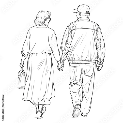 Senior Couple Walking Together from Behind in Minimalist Outline