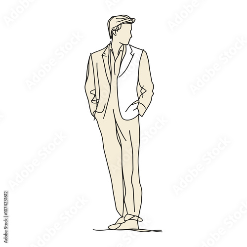 Man Standing with Hands in Pockets in Relaxed Line Art Style
