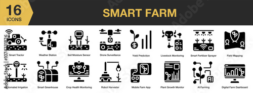 Smart Farm solid icon set. Includes yield prediction, weather station, soil moisture sensor, smart tractor, and More. Solid icons vector collection.