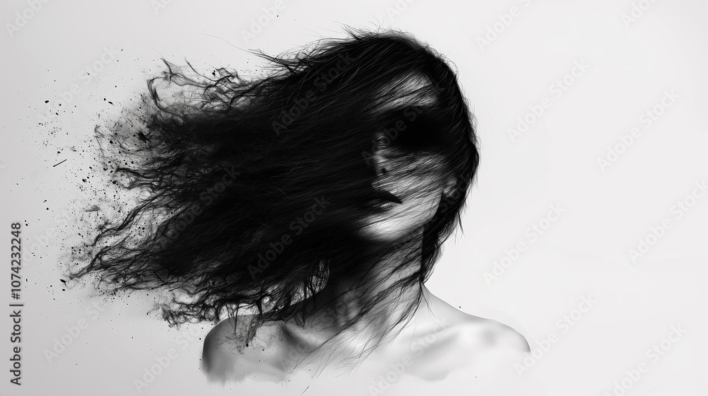 Fototapeta premium Black and white illustration of the silhouette of a woman with her hair blowing in the wind isolated white background. The hair is flowing around her face. Abstract, evocative and surrealistic.