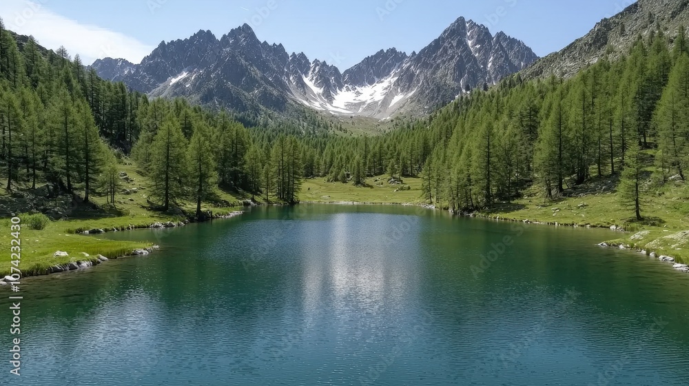 Serenity of Alpine Lake Surrounded by Majestic Mountains and Lush Forest Serenity of Alpine Lake Surrounded by Majestic Mountains and Lush Forest