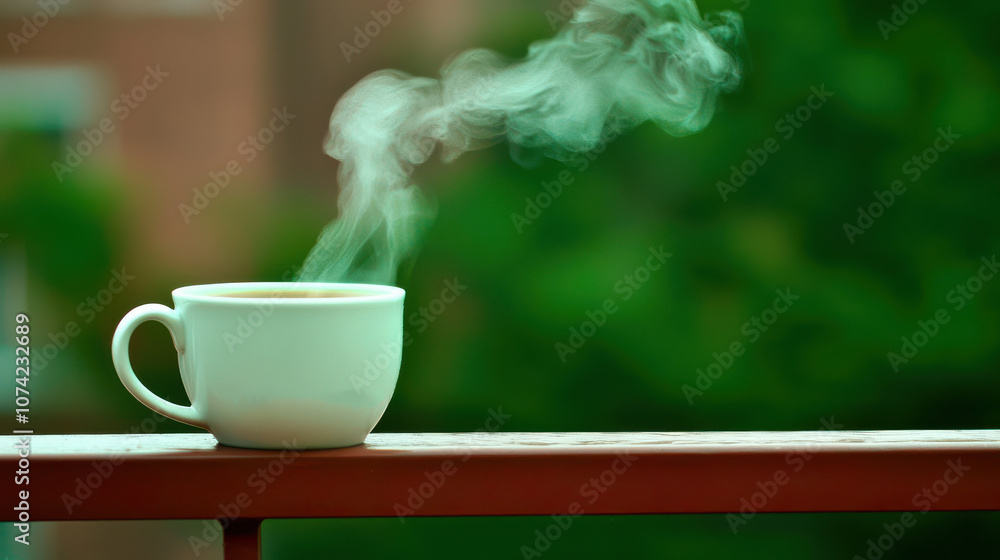 steaming cup of coffee on balcony, evoking warmth and comfort steaming cup of coffee on balcony, evoking warmth and comfort