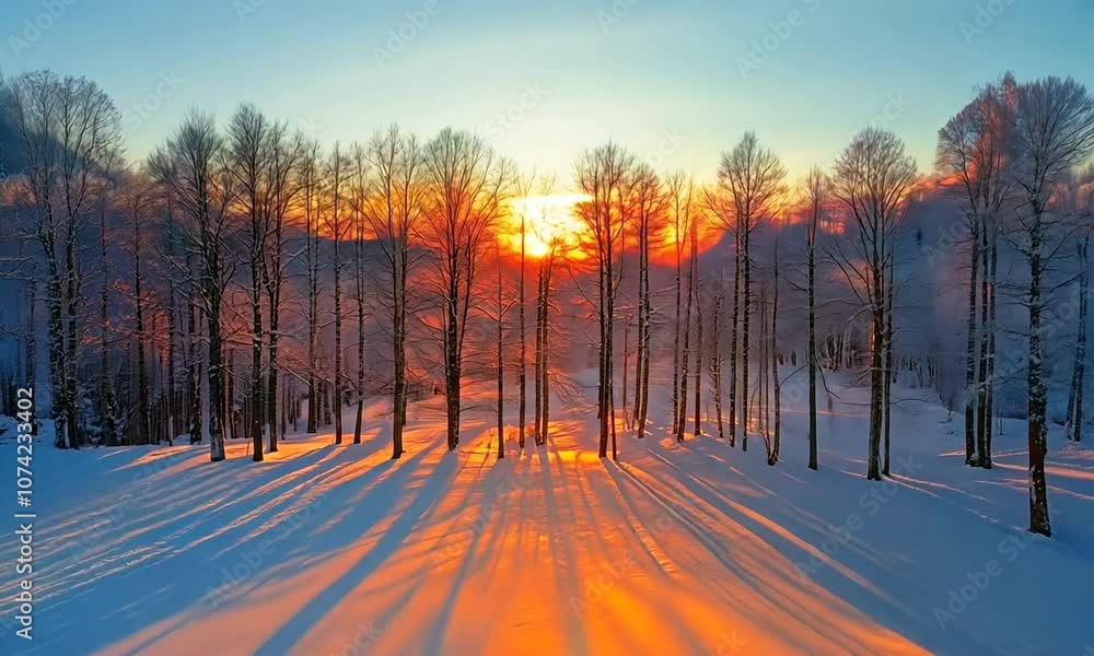 A serene winter landscape at sunset, with trees silhouetted against a colorful sky. A serene winter landscape at sunset, with trees silhouetted against a colorful sky.