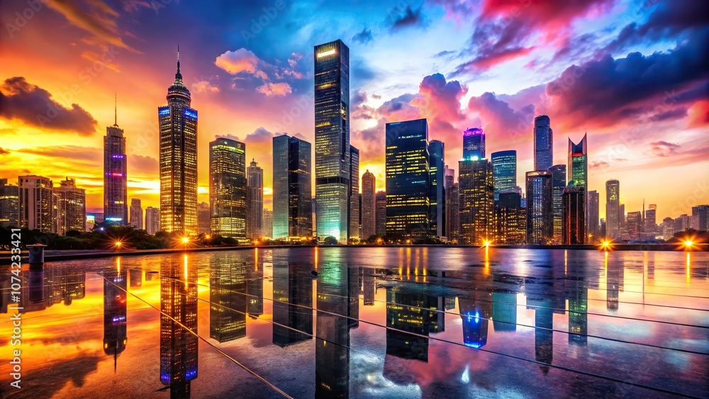 Fototapeta premium A vibrant and colorful cityscape at sunset with towering skyscrapers and neon lights reflecting off the wet pavement, cityscape, sunset, urban