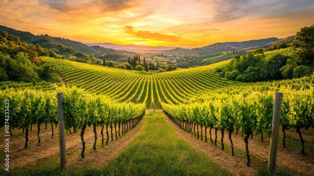 Vineyard Rows at Sunset with Golden Sky Vineyard Rows at Sunset with Golden Sky