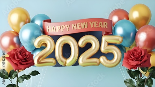 Elegant Happy New Year 2025 with floral and balloon decorations stylish and joyful holiday greetings for banners and seasonal celebrations