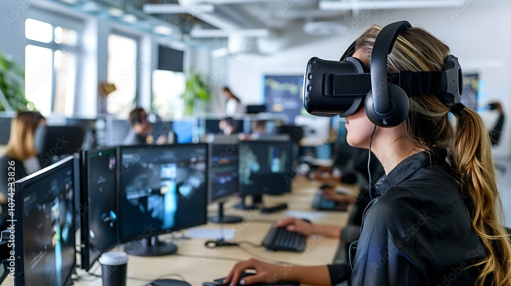 An office space filled with virtual reality headsets and augmented reality displays for employee training. An office space filled with virtual reality headsets and augmented reality displays for employee training.