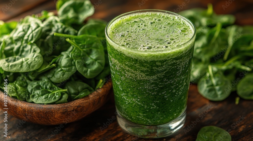 A glass of green smoothie beside fresh spinach leaves. A glass of green smoothie beside fresh spinach leaves.