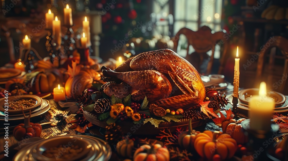 Thanksgiving Day Turkey on a Festive Table Decorated with Autumn Items Thanksgiving Day Turkey on a Festive Table Decorated with Autumn Items