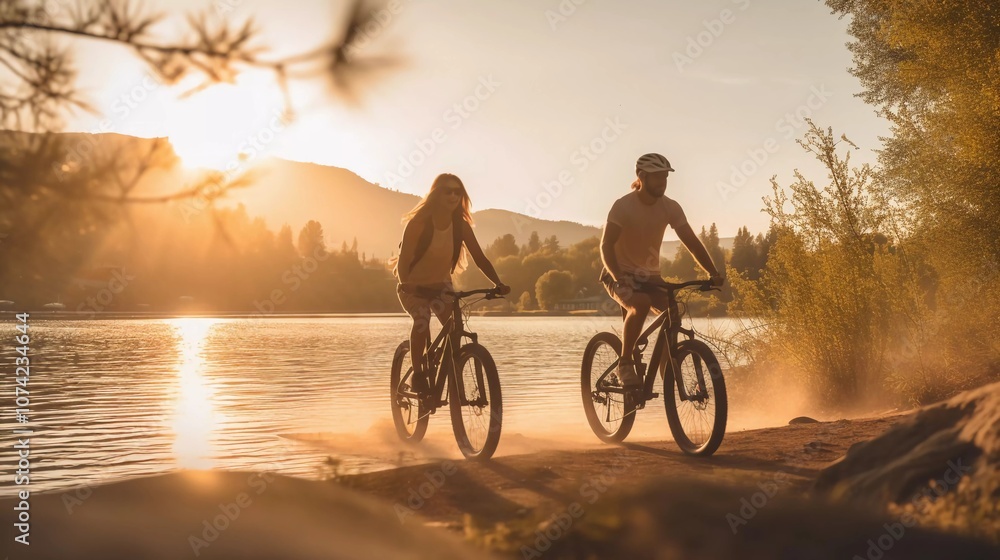 Fototapeta premium Two cyclists ride along a scenic lakeside path during sunset, enjoying nature's beauty.