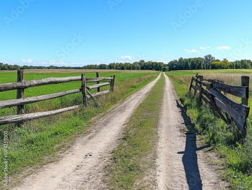 A dirt path lined by wooden fences, leading through a green field under a clear blue sky.