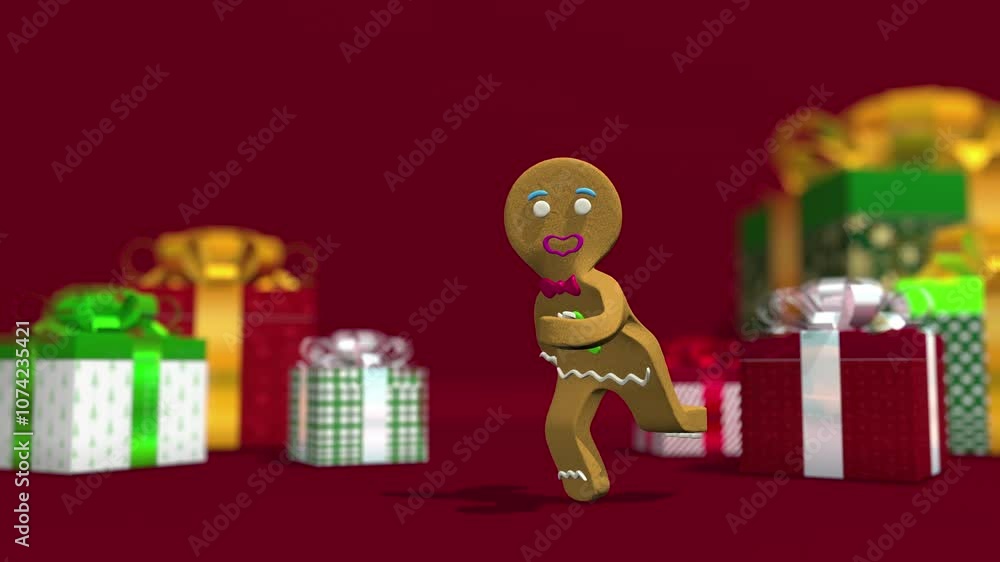 Happy dancing Gingerbread man on red surface against defocused gift boxes background. funny and sweet cookie boy dancing for holiday. Loop sequence. 3D animation Happy dancing Gingerbread man on red surface against defocused gift boxes background. funny and sweet cookie boy dancing for holiday. Loop sequence. 3D animation