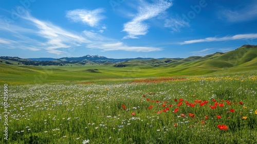 A field of wildflowers with red poppies in the foreground and a snow-capped mountain in the background.