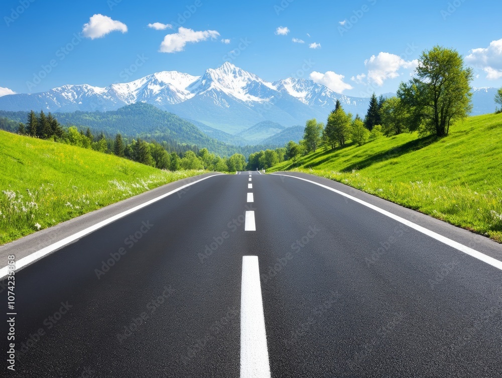 A scenic road leads through lush greenery and majestic mountains under a clear blue sky. A scenic road leads through lush greenery and majestic mountains under a clear blue sky.