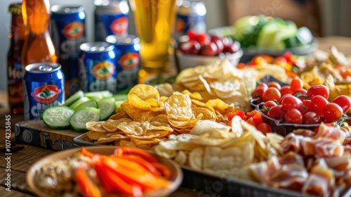 A closeup shot of a game day snack platter filled with chips dips and veggies surrounded by cans of zeroalcohol beer. photo