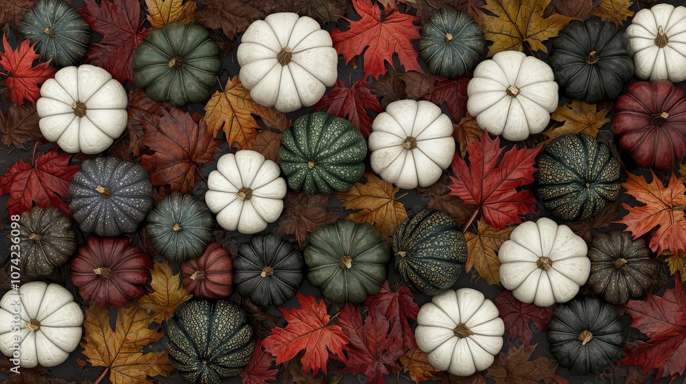 Fototapeta premium Autumn Pumpkin and Leaf Pattern Thanksgiving Fall Harvest Decoration