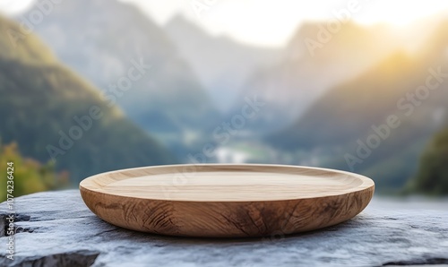 Wooden plate on table with blurred mountain background , Generative AI