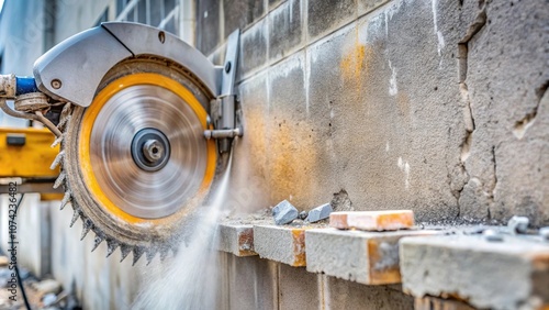 Close-up of diamond blade cutting through concrete wall