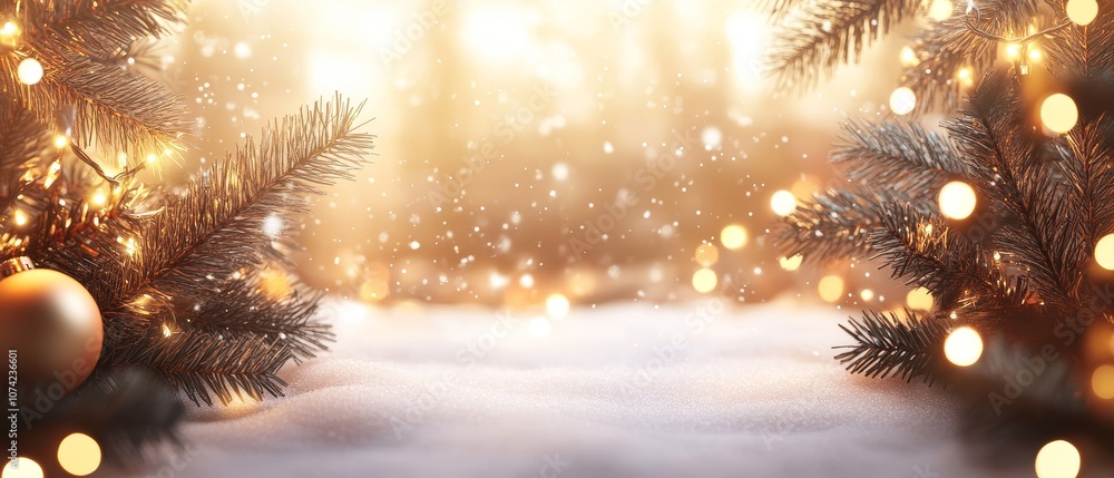 Fototapeta premium Design a festive Christmas background with a softly blurred snowy scene, twinkling lights, and a large empty space in the center, perfect for adding personalized messages or holiday wishes