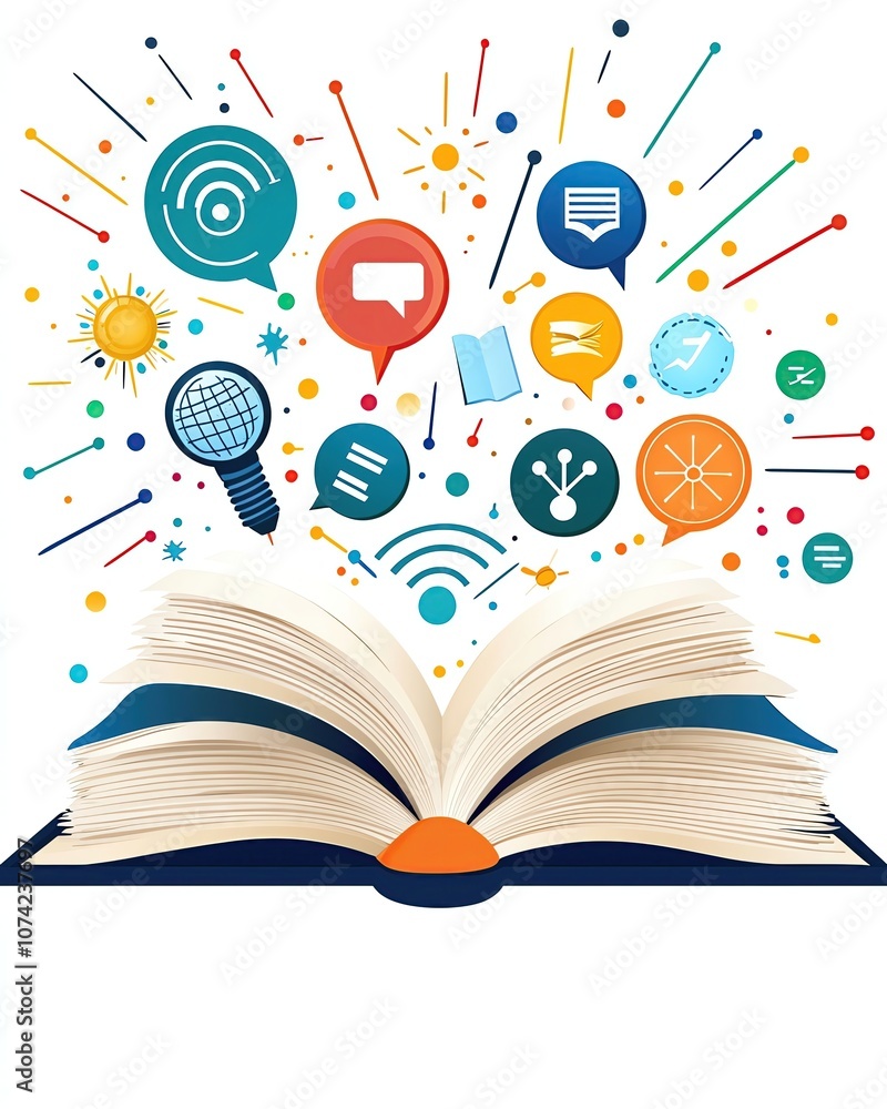 Obraz premium Strategic Speech Art Concept Leader's Persuasive Talk Design Creative illustration of open book with ideas.