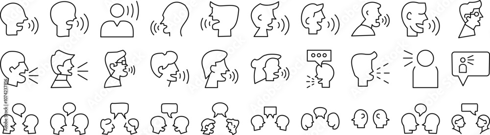 Set of speech icons featuring various styles like chat bubbles, microphones, and communication symbols, perfect for illustrating ideas related to conversation and dialogue. Set of speech icons featuring various styles like chat bubbles, microphones, and communication symbols, perfect for illustrating ideas related to conversation and dialogue.