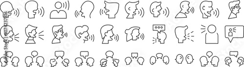 Set of speech icons featuring various styles like chat bubbles, microphones, and communication symbols, perfect for illustrating ideas related to conversation and dialogue.