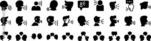 Set of speech icons featuring various styles like chat bubbles, microphones, and communication symbols, perfect for illustrating ideas related to conversation and dialogue.