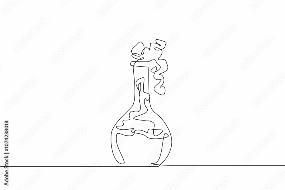One single line drawing of erlenmeyer flask with concoct medicine formula liquid. National Pharmacist Day. Laboratory experiment to create new vaccine to cure pandemic disease. New vaccine invention One single line drawing of erlenmeyer flask with concoct medicine formula liquid. National Pharmacist Day. Laboratory experiment to create new vaccine to cure pandemic disease. New vaccine invention