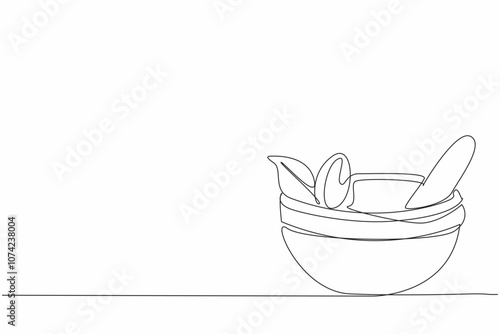 National Pharmacist Day. Single continuous line drawing of mortar and pestle with organic leaf inside. Traditional herbal medicine concept. Natural healthcare treatment. One line draw vector artwork