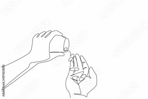 Single continuous line drawing of person pouring supplement tablet from tube into the hand. Medical treatment to cure illness. National Pharmacist Day. Medicine consumption by hospital patient