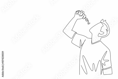 National Pharmacist Day. One single line drawing of young handsome man drink medicines to treat his disease. Patient cure treatment with medical procedure. Vector illustration graphic art design