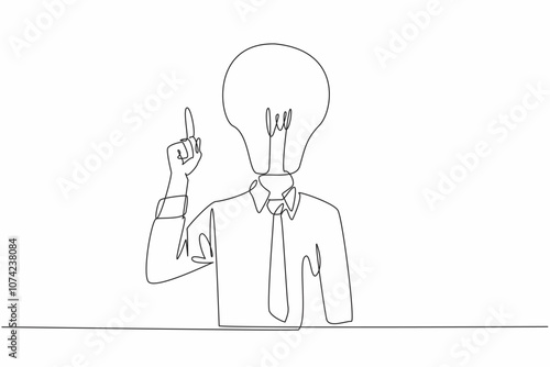 Single continuous line drawing of business man with bulb lamp head pointing finger into the open space. World Logic Day. Critical creative thinking. Template for poster, banner about big idea concept