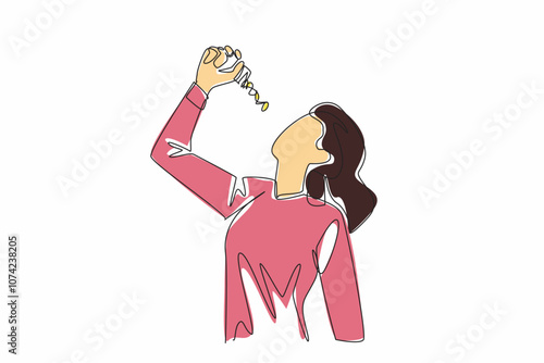 One continuous line drawing of beauty woman eat dietary capsule to run diet program. National Pharmacist Day. Recommendation from dietitian, lose weight concept. Vector illustration graphic design art