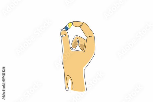 National Pharmacist Day. Single continuous line drawing of person holding a capsule with hand. Medical healthcare to treat illness concept. Graphic design art line vector illustration