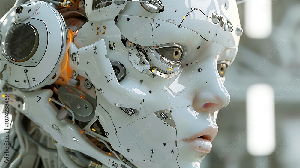 Realistic expression and fine details on a futuristic humanoid robot face