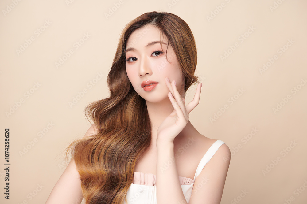 Beautiful young asian woman with clean fresh skin on beige background, Face care, Facial treatment, Cosmetology, beauty and spa, Asian women portrait.