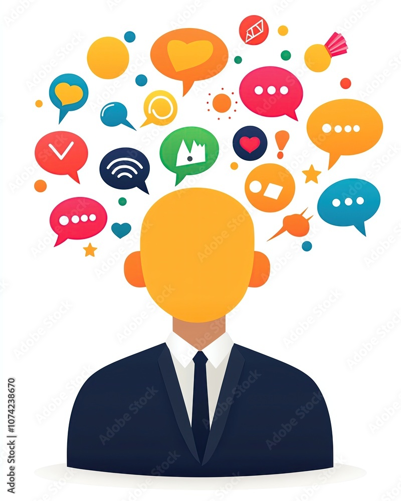 Strategic Speech Art Concept Leader's Persuasive Talk Design Business person with communication symbols. Strategic Speech Art Concept Leader's Persuasive Talk Design Business person with communication symbols.